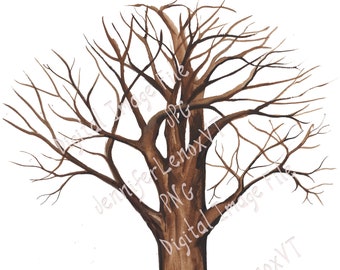 Watercolor Bare Winter Tree with Branches, Digital image download JPG, PNG, clip art