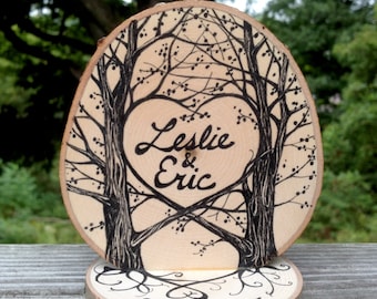 Rustic Tree Slice Wedding Cake Topper: Hand Drawn Ink, Personalized