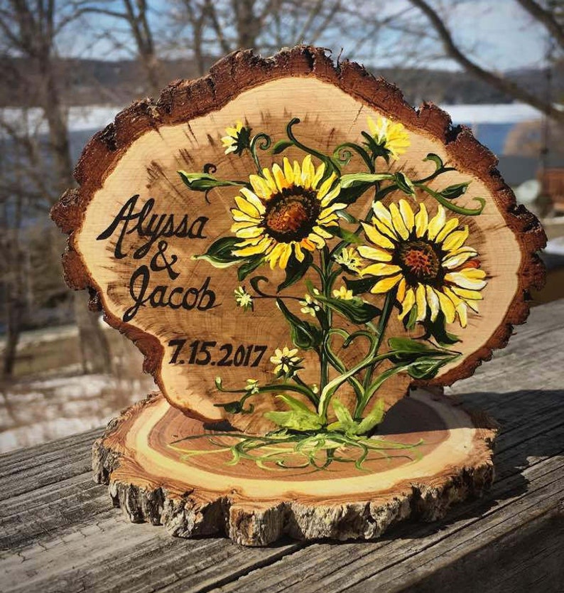 Sunflowers Custom Wedding Cake Topper Rustic Wood Slices image 0