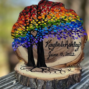 Lesbian Gay Wedding Cake Topper, Live Edge Branch Slices, Rainbow Trees, Personalized