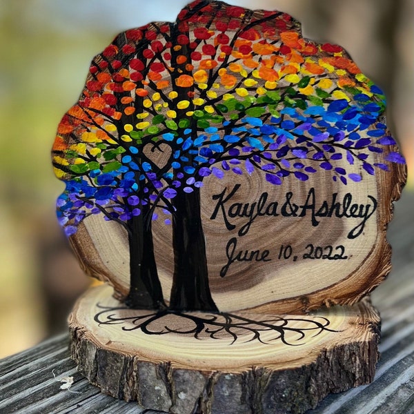 Lesbian Gay Wedding Cake Topper, Live Edge Branch Slices, Rainbow Trees, Personalized