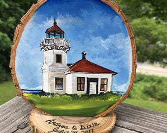 Lighthouse Wedding Cake Topper custom painted with your favorite lighthouse and free personalization