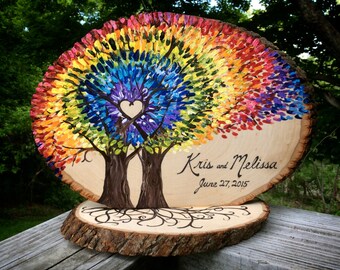 Personalized Tie Dye Rainbow Tree Live Edge Wood Slice: Wedding Decor