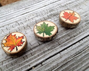 Rustic Vermont Maple Leaf Magnets hand painted on natural maple wood