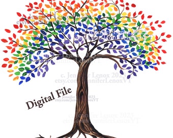 Rainbow Tree with thin, twisty trunk, painting, clip art, digital download,  PNG, JPG,