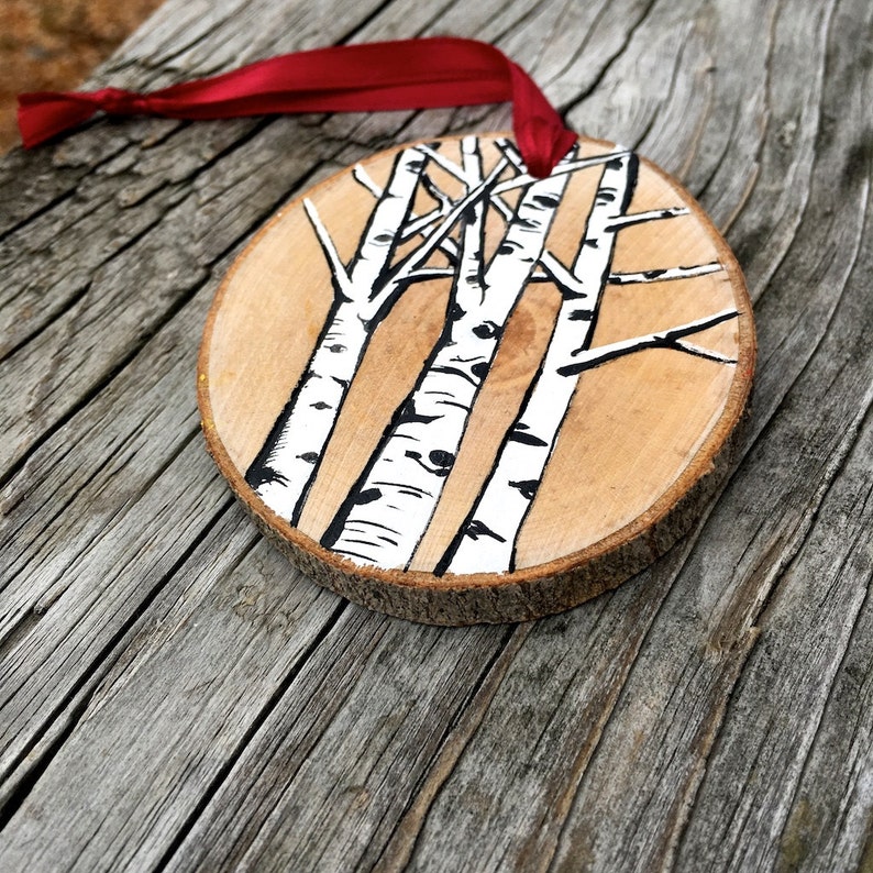 Natural Wood Slice Christmas ornament original ink and acrylic Etsy