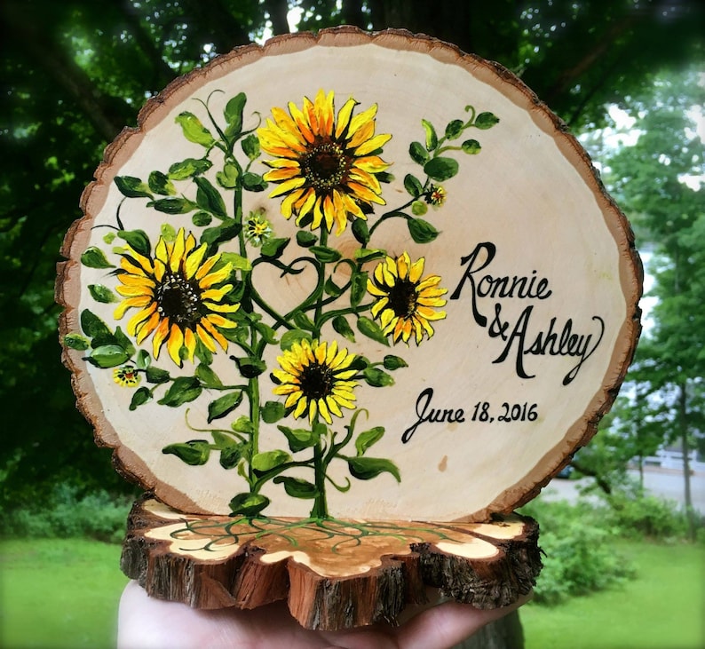 Sunflowers Custom Wedding Cake Topper Rustic Wood Slices Sunflowers Custom Wedding Cake Topper Rustic Wood Slices