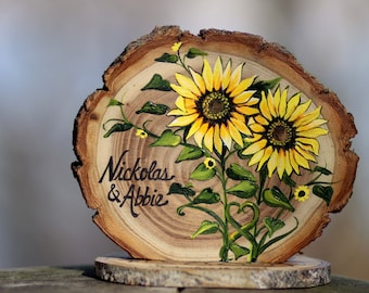 Sunflowers Custom Wedding Cake Topper, Rustic Wood Slices