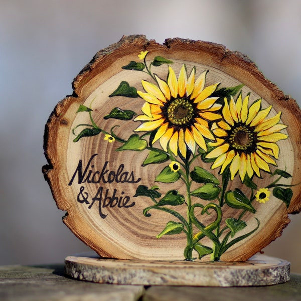 Sunflowers Custom Wedding Cake Topper, Rustic Wood Slices