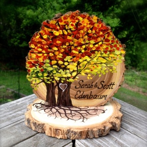 Autumn Leaves Wedding Cake Topper, Live Edge Wood Slice, Fall Foliage