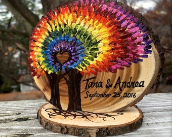 Tie Dye spiral Rainbow Trees Cake Topper, Live Edge Branch Slices, Colorful, Fun, Personalized