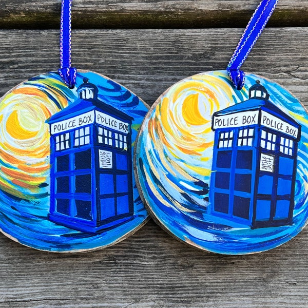 Dr. Who TARDIS starry night hand painted Christmas ornament