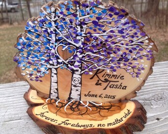 Personalized Birch Tree Wedding Cake Topper: Hand-Painted Wood Slice