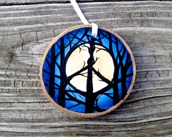 PEACE Love the earth -  bare trees silhouetted against a full moon and deep blue sky