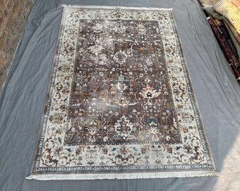4'6x6'1 ft Vintage Turkish Silk Rug, Soft Pile Oushak Style Area Rug