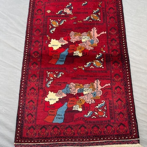 Red Afghanistan Map Rug 3'x5'ft Unique Vintage Tribal Baluchi Rug Hand Knotted Soft Pile Oriental Carpet Geography Art Rare Pictorial Rug