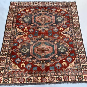 Red Turkish Tribal Rug 5x6 Antique Hand Knotted Distressed Low Pile Unique Medallion Boho Area Rug Bohemian Collector Home Decor Carpet