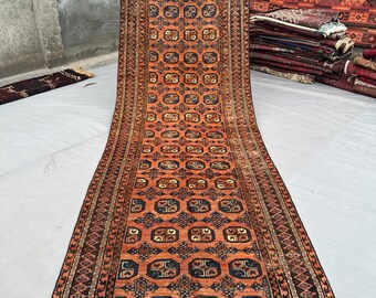 Orange 4x13 Afghan Turkoman Runner Rug Hand Knotted Tribal Hallway