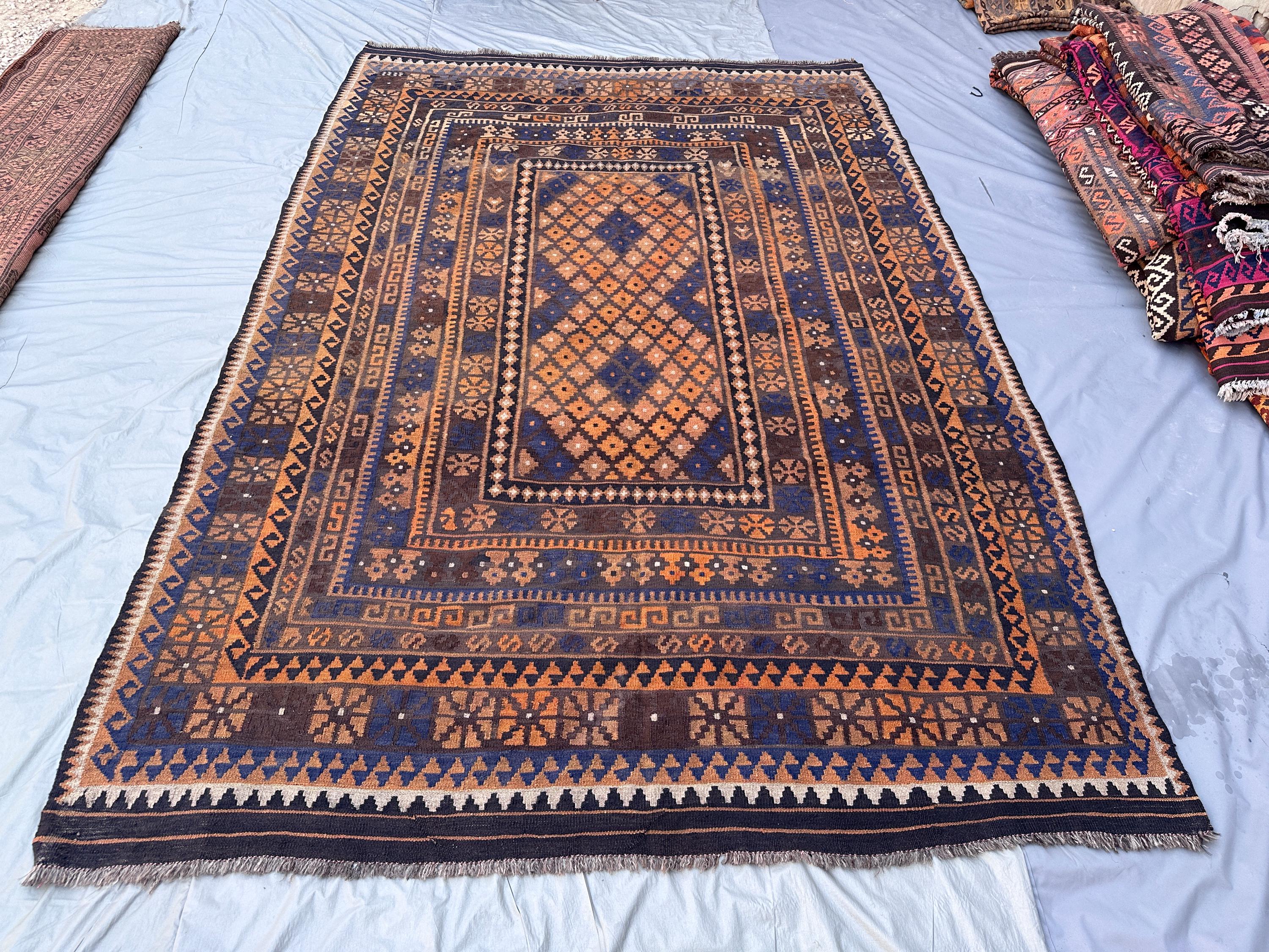 7x10 Vintage Afghan Kilim Rug, Navy Blue Brown Flatweave Wool Rug