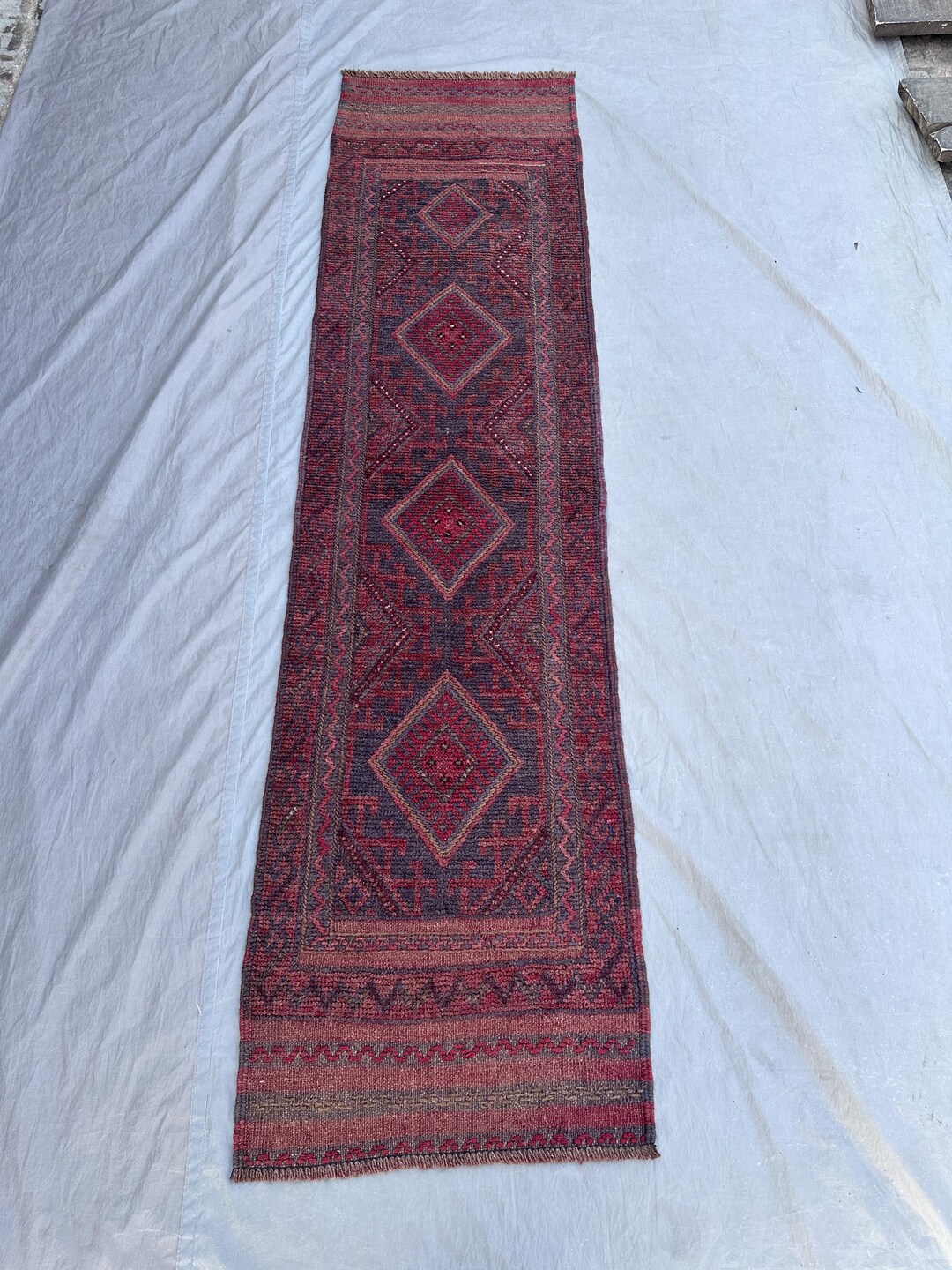 Red Turkish Style Rug Red Handmade Balochi Turkish Style Runner Rug - 2x8 Wool Geometric ...