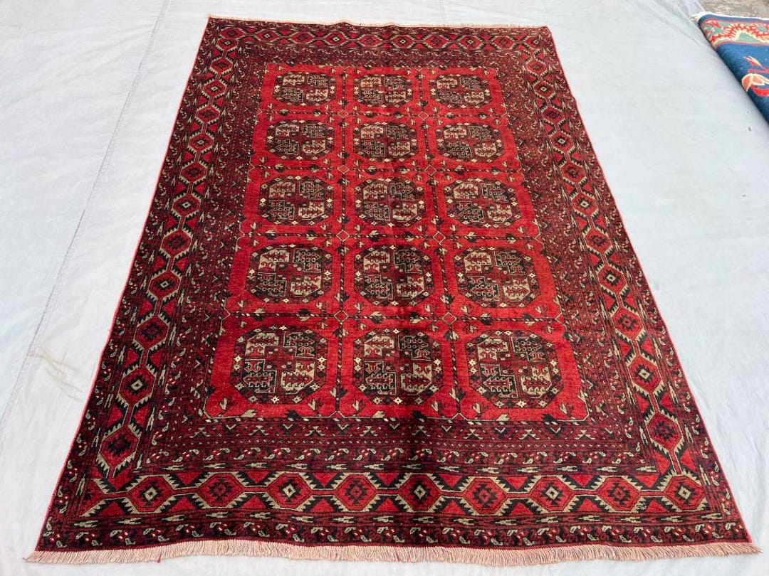 Heritage Grandeur, Red Ersari Rug, 6x8ft Hand Knotted Afghan Turkoman ...
