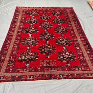 Alfombra afgana vintage con diseño floral baluchi, 2,18 m x 2,98 m, anudada a mano, de lana, de pelo suave, estilo tribal rojo, para sala de estar, estilo rústico.