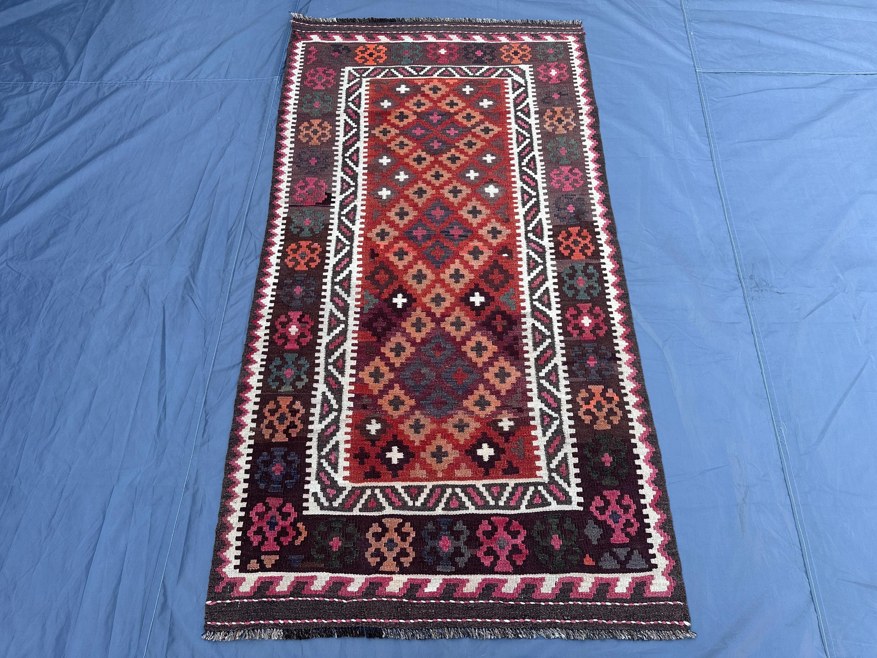 Grand Tapis Kilim Turc Vintage 4x8 Ft - Laine, Motif Géométrique Multicolore (excellent état)