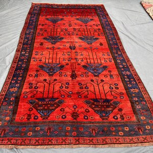 Può includere: Un tappeto rettangolare rosso con un motivo floreale dettagliato. Il tappeto presenta un disegno centrale di vasi stilizzati e motivi floreali blu e marroni, incorniciato da un bordo blu scuro con accenti floreali. Il tappeto è probabilmente in lana.