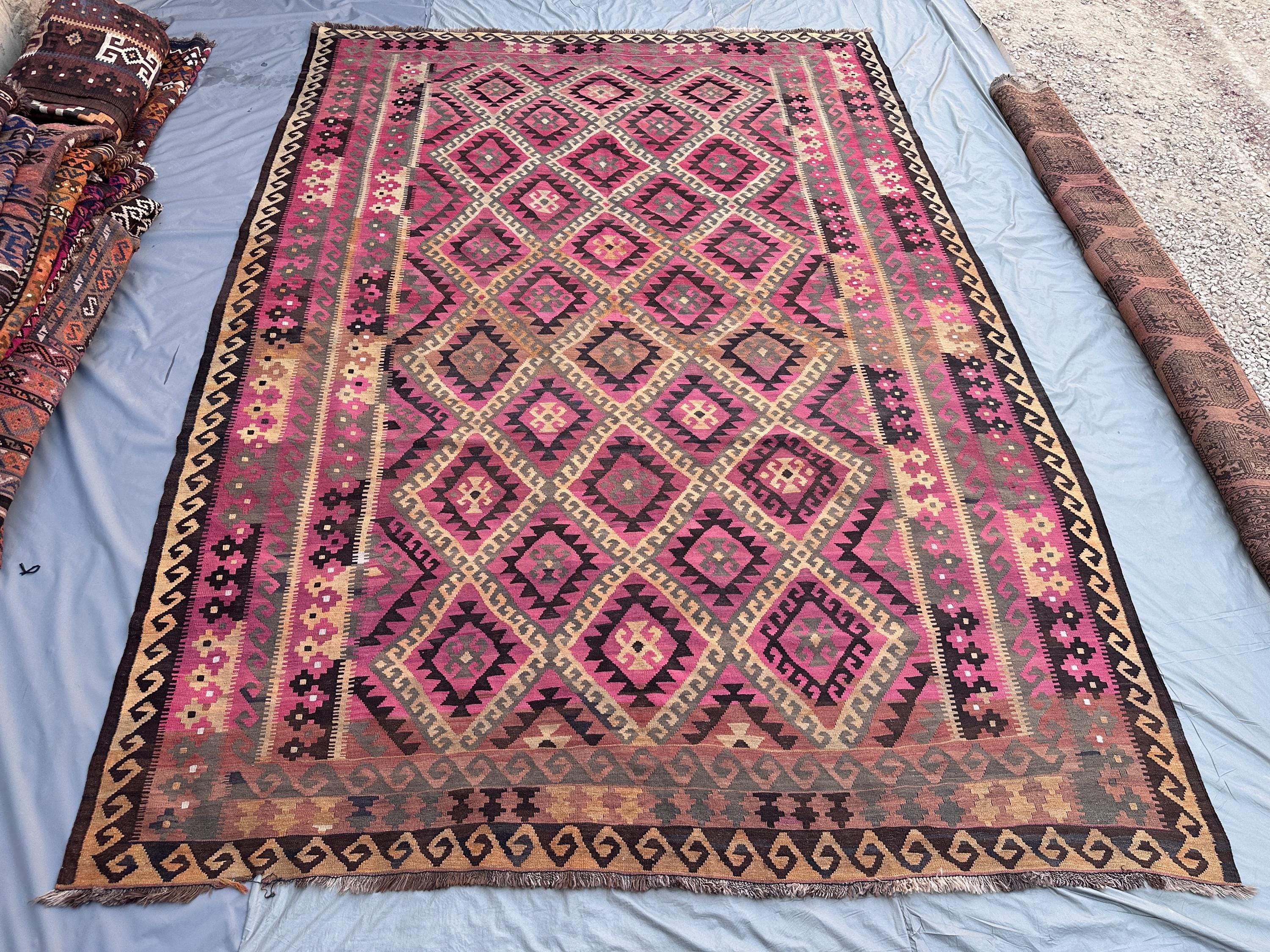 8'11x12'8 Faded Pink Brown Turkish Kilim Rug, Antique Tribal
