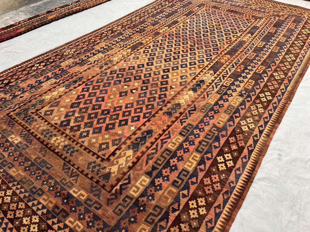 Terracotta Blue Afghan Kilim Rug, 9x16 Antique Hand Woven Flat Weave ...