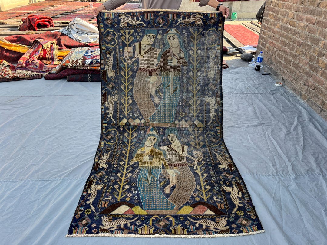 Persion Rug Figures Rare Vintage Persian Pictorial Rug 4x7 | Low Pile | Royal Blue Court ...