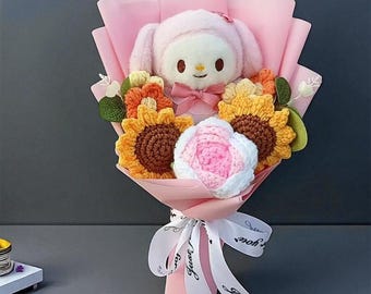 Plush Flower Bouquet, Crochet Rose & Sunflower, Graduation Plush Flower Bouquet, Unique Birthday Gift, Class of 2026, Graduation Keepsake