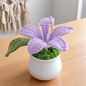 May include: A crocheted purple flower with green leaves in a white ceramic pot. The flower has orange accents.