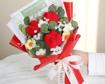 Ramo de flores de ganchillo hecho a mano, regalo de aniversario, hilo de algodón con leche