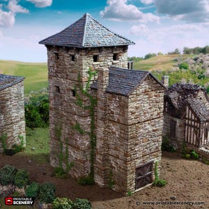 May include: A stone tower with a slate roof and ivy growing on the walls. The tower has a small door and several windows. The tower is surrounded by grass and trees.
