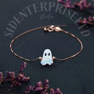 Opal Ghost Necklace: Spooky Halloween Pendant, Rose Gold & Silver