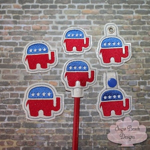 ITH Right Republican Elephant Fobs Felties & Pencil Topper Set Design Machine Embroidery * Bonus SVG Cut file included!