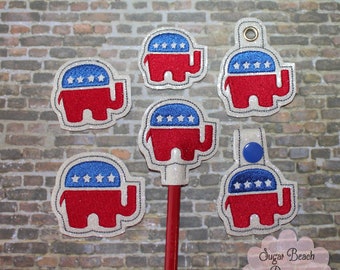 ITH Right Republican Elephant Fobs Felties & Pencil Topper Set Design Machine Embroidery * Bonus SVG Cut file included!