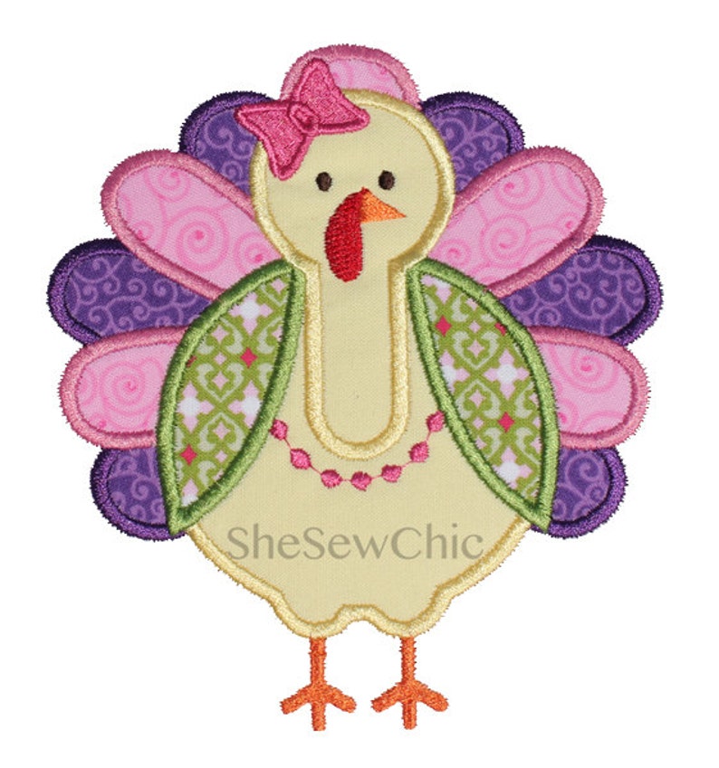 Girly Turkey Perfect for Fall and Thanksgiving Digital Applique Embroidery Design 082 image 1