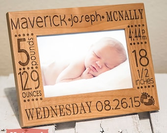 Personalized Birth Announcement Picture Frame: Engraved Wood Nursery Decor