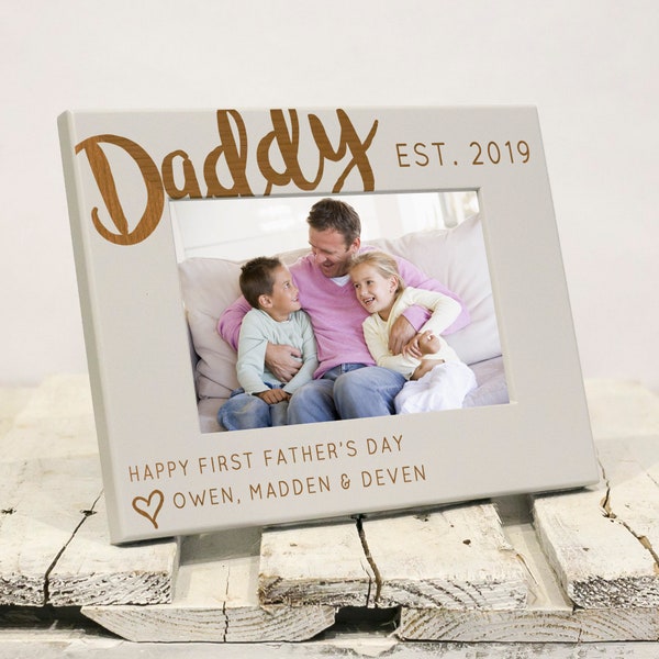 Personalized First Fathers Day Frame 2022, Dad Picture Frame, Unique Daughter Son to Father Fathers Day Gift, Solid Wood, Gift Box Included