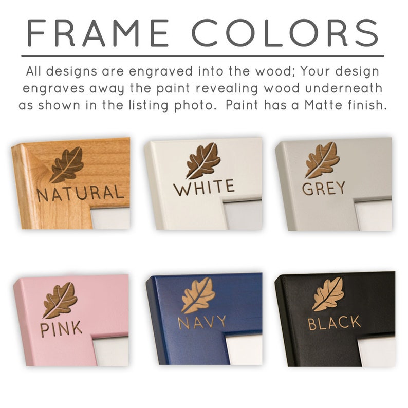 K&ouml;nnte beinhalten: Sechs verschiedene farbige Holzbilderrahmen mit einem Blattdesign, das in das Holz graviert ist. Die Farben sind natur, wei&szlig;, grau, rosa, marineblau und schwarz. Der Text "FRAME COLORS" befindet sich oben im Bild. Der Text "All designs are engraved into the wood; Your design engraves away the paint revealing wood underneath as shown in the listing photo. Paint has a Matte finish." befindet sich unter den Rahmen.