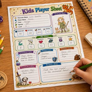 以下が含まれることがあります： ドラゴン、エルフ、キツネのカラフルなイラストが描かれた、テーブルトークRPG用のキッズプレイヤーシート。キャラクターのステータス、特殊技、武器、メモを記入する欄があり、手書きの文字が書き込まれています。
