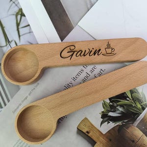 Personalized Wooden Coffee Spoon Clip: Engraved Coffee Lover Gift