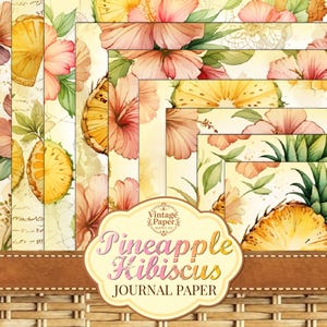 Könnte beinhalten: Eine Sammlung von Vintage-Journalpapieren mit Aquarellillustrationen von Ananas, Hibiskusblüten und tropischem Laub. Das Papier hat einen hellgelben Hintergrund mit einem dekorativen Rand und dem Text "Pineapple Hibiscus Journal Paper".