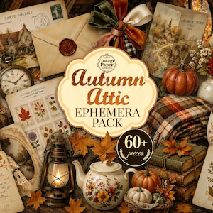 Könnte beinhalten: Eine Sammlung von Papier-Ephemera im Vintage-Stil mit herbstlichen Motiven, darunter Postkarten, Umschläge mit Wachssiegeln, botanische Drucke, eine Taschenuhr, eine Laterne, eine Teekanne, Kürbisse und eine karierte Decke, beschriftet als Autumn Attic Ephemera Pack.