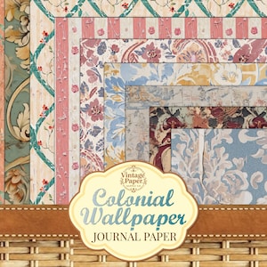 Könnte beinhalten: Eine Sammlung von Colonial Wallpaper Journalpapier-Blättern im Vintage-Stil. Die Blätter zeigen verschiedene Muster, darunter Blumen-, Streifen- und Damastdesigns in Pastellfarben. Das Bild enthält ein Etikett mit der Aufschrift "Colonial Wallpaper Journal Paper."