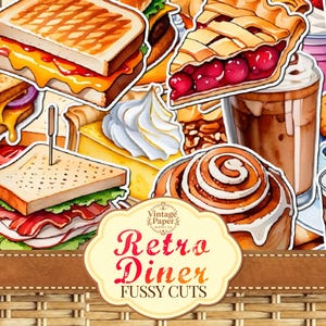 May include: A collection of retro diner themed illustrations, including a grilled cheese sandwich, a turkey sandwich, a cherry pie, a cinnamon roll, a slice of lemon meringue pie, and various coffee and milkshake drinks. The illustrations are in a watercolor style and are perfect for crafting and scrapbooking.