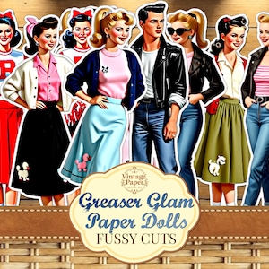 May include: Paper cutouts of retro-style figures, including men in leather jackets and women in poodle skirts and saddle shoes. The figures are in various poses, with the text "Greaser Glam Paper Dolls Fussy Cuts" at the bottom.