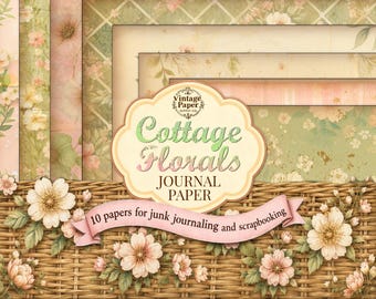 Cottage Floral Journal Paper, Junk Journal Kit, Scrapbook, Printable, Backgrounds, Digital Download, Floral, Vintage, Green, Pink